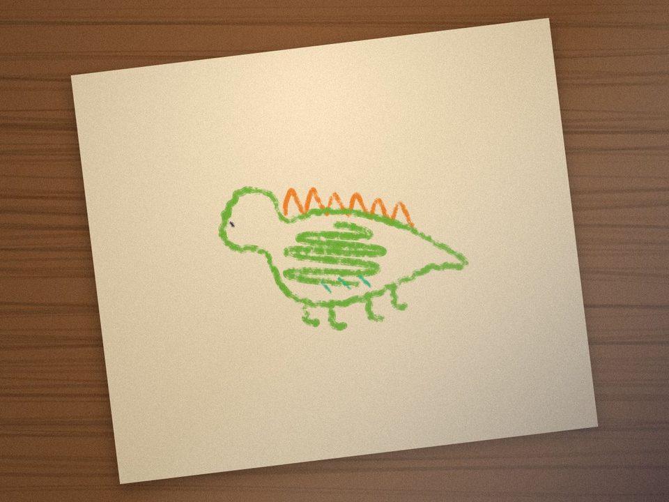 A phone photo of a green crayon dinosaur drawn on paper, lying on a wooden table