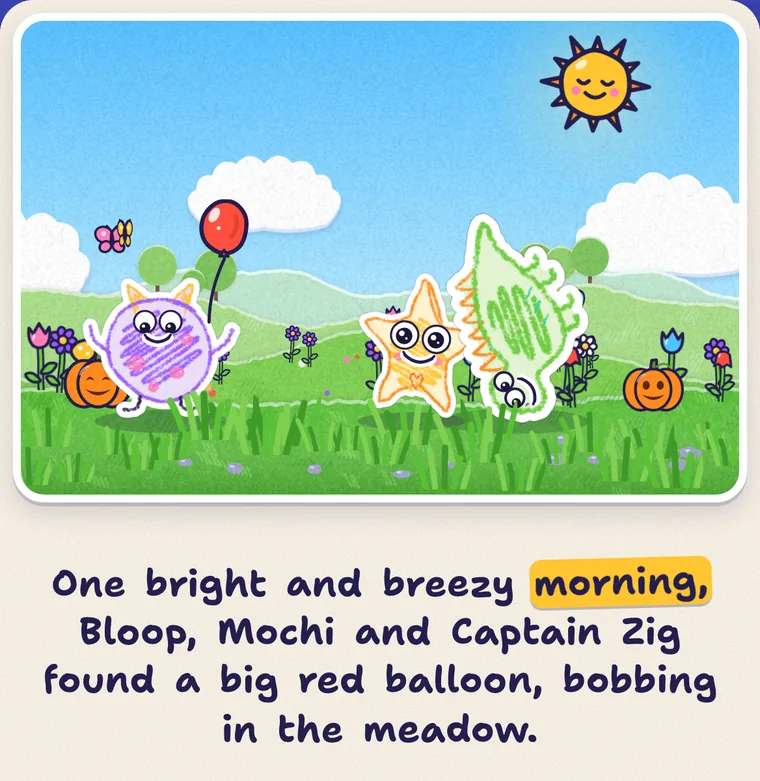 A story page: a purple scribble monster, a crayon star and a green dinosaur find a red balloon in a sunny meadow
