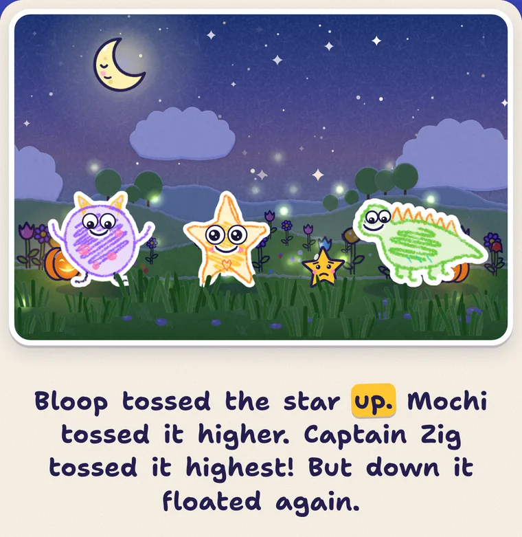 A story page at night: the same three friends toss a fallen star back up to the sky
